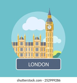 Big Ben, London, UK. Poster concept in cartoon style with text