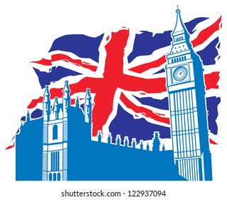 big ben of london with union jack as a background