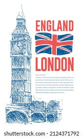 Big ben London. Vector architecture sketch illustration England Flag. Hand drawn sketch Vector Poster.