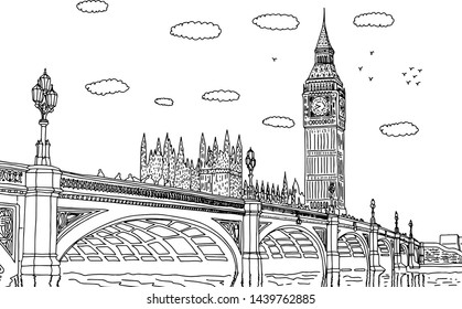 Big Ben in London vector illustration sketch doodle hand drawn with black lines isolated on white background