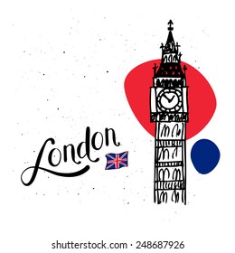 Big Ben London vector illustration with a hand-drawn doodle sketch of the tower and Union Jack over red and blue ovals on a textured white background in patriotic colors