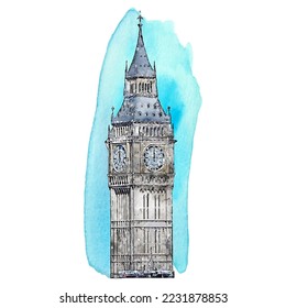 Big ben london watercolor hand drawn illustration