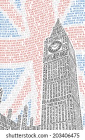 Big Ben of the names of London attractions. Vector