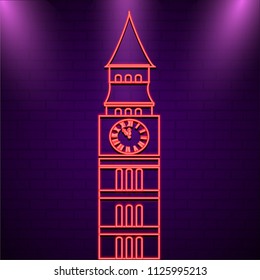 Big Ben with neon effect on shiny purple brick wall.  