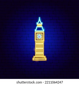 Big Ben Neon Sign. Vector Illustration of Country National Promotion.