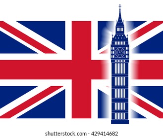 Big ben on background of Great Britain flag. British Union Jack flag and big ben tower. Vector illustration.