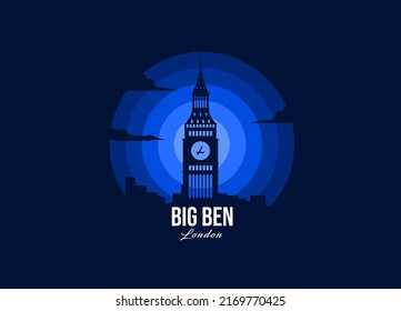 Big Ben on London symbol. Modern moonlight logo of largest country vector illustration. Landscape design of memorial place illustration. Eps 10