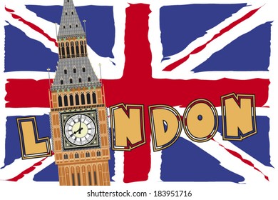 big ben over flag of england and text of london