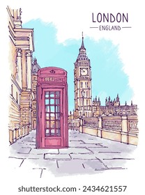 Big ben and red telephone booth in London. Architecture sketch illustration. Hand drawn sketch colorful of London city, UK. Travel sketch. Banner, poster, postcard. Freehand digital drawing. Vector