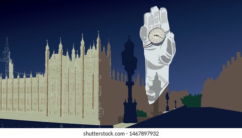 Big ben replaced by the queen's hand. London at night.