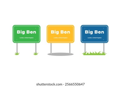 Big Ben road sign. Tourist place sign, Big Ben entering signpost. Billboard on the road. Vector illustration