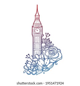 Big Ben Rose Flower with Vintage London England Design. Clock Tower Floral frame ornament vector style. Decoration Design Wreath illustration.