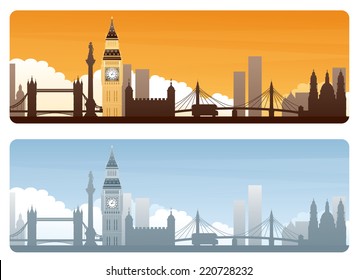 Big Ben and silhouetted London landmarks on day and sunset banners with copy space.