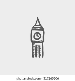 Big ben sketch icon for web, mobile and infographics. Hand drawn vector dark grey icon isolated on light grey background.