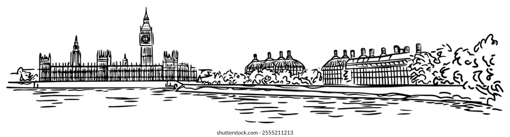 Big Ben and the Thames in London, doodle hatching vector sketch, panoramic view