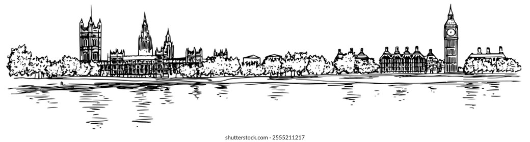 Big Ben and the Thames in London, doodle hatching vector sketch, panoramic view