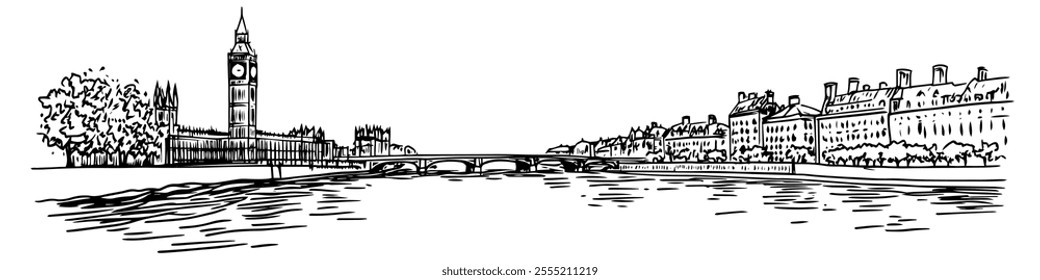 Big Ben and the Thames in London, doodle hatching vector sketch, panoramic view