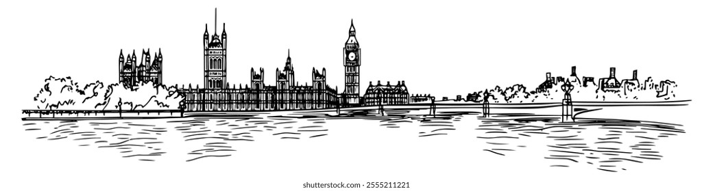 Big Ben and the Thames in London, doodle hatching vector sketch, panoramic view