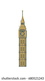 Big Ben tower. Architectural sights of England. Landmark of London. Isolated vector illustration on white background.