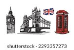 Big Ben, Tower bridge, telephone booth, hand drawn illustrations, sketch style. Vector.