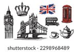 Big Ben, Tower bridge, telephone booth, hand drawn illustrations, sketch style. Vector.	
