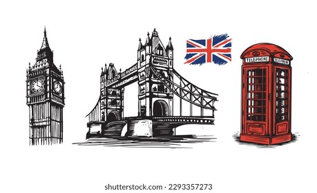 Big Ben, Tower bridge, telephone booth, hand drawn illustrations, sketch style. Vector.