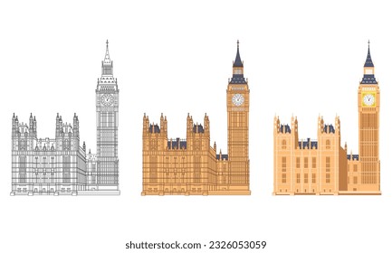 Big Ben tower illustration, isolated on white background, famous world landmark. The symbol of London and United Kingdom. Travel vector illustration, line and flat style.