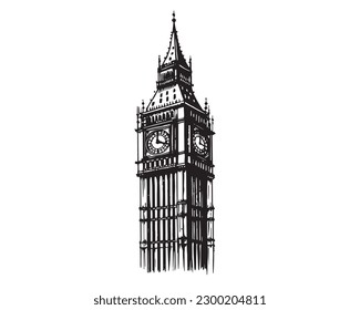 Big Ben Tower of London, hand drawn illustrations, vector.	
