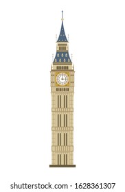 Big Ben tower in London, UK, isolated on a white background. Vector illustration, flat style.