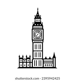 Big Ben tower (London, UK) silhouette isolated on white background. Vector flat illustration