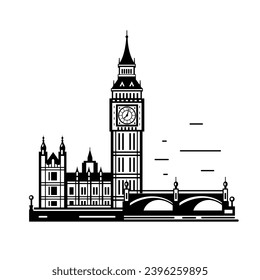 Big Ben tower (London, UK) silhouette isolated on white background. Vector flat illustration