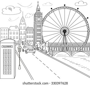 Big Ben tower in London. Vector illustration of popular attraction. The London Eye. Sketch illustration isolated on the white background. Beautiful landscape of sightseeing. Clock tower with bridge.