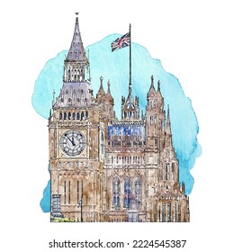 Big ben tower london watercolor hand drawn illustration isolated on white background