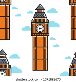 Big Ben tower seamless pattern London building vector architecture clock England symbol endless texture construction culture United Kingdom attraction and sightseeing wallpaper print landmark