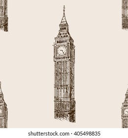 Big Ben tower sketch style seamless pattern vector illustration. Old engraving imitation. Big Ben landmark hand drawn sketch imitation