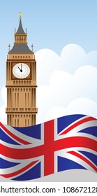 Big Ben tower, sky and UK flag, vector illustration