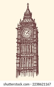 Big Ben tower symbol of London, England and Great Britain. Sketch vector illustration in vintage engraving style