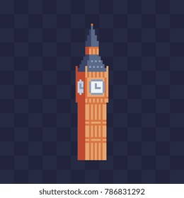 Big Ben tower. United Kingdom London symbol. Pixel art style icon. 8-bit. London landmark. Sticker design. Isolated vector illustration. 