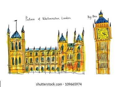 Big Ben tower and Westminster - handmade drawing