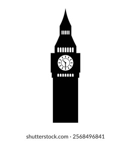 Big Ben vector icon. Iconic clock tower symbol for London, travel, and British architecture. Black silhouette isolated on white background.