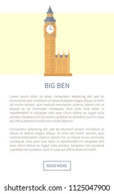 Big Ben web page and text sample button headline historical monument English place for sightseeing, clock showing time isolated on vector illustration