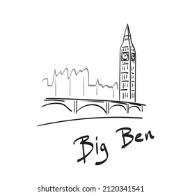 Big Ben und Westminster Brücke in London Illustration Vektorgrafik handgezeichnet einzeln auf weißem Hintergrund Linien Kunst.