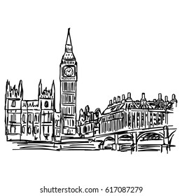 Big Ben and westminster bridge in London - vector illustration sketch hand drawn isolated on white background