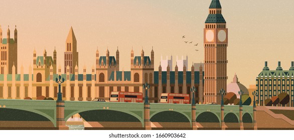 Big ben and westminster bridge scene in flat style