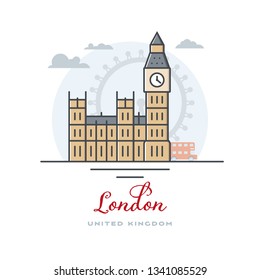 Big Ben and Westminster Palace at London, United Kingdom, flat vector illustration. Tourism and travel icon.