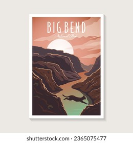 Dibujo de afiche del Parque Nacional Big Bend, diseño de afiches sobre el paisaje del cañón del río