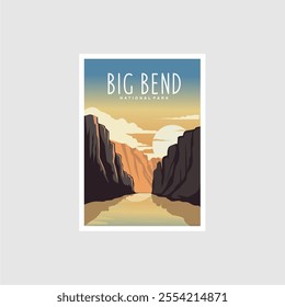 Big Bend National Park poster illustration, River canyon scenery poster design