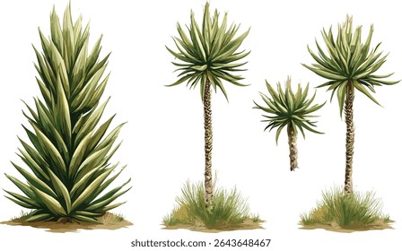 Big Bend yucca Yucca rostrata bico yucca isolado médio e pequeno vetor de ilustração de árvore frontal recorte, plantas resistentes à seca, ilustração botânica do deserto, xerófito.