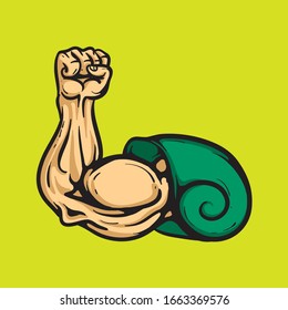 Big bicep muscle come out from snail shell. Conceptual Cartoon vector illustration