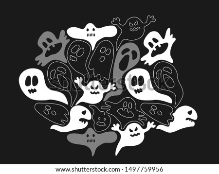 Big bicolor ghosts collection with line and transparent white funny spirits on black background. Funny set for Halloween stickers or party. Nice composition with no space. Boo!